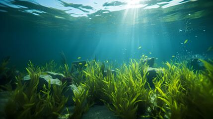 Seaweed and natural sunlight underwater seascape in the ocean - obrazy, fototapety, plakaty