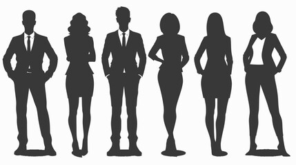 Obraz premium A black silhouette of a woman and a man standing among a group of businesspeople on a white backdrop