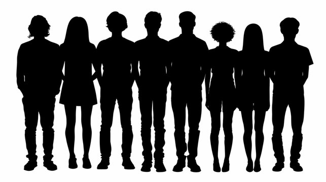 A black silhouette of a woman and a man standing among a group of businesspeople on a white backdrop