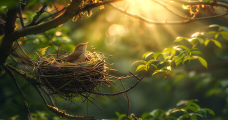 Little bird staying in the bird ness in the morning time with the soft sunlight and beautiful nature,