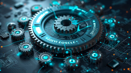 A circular pie chart made up of interlocking gears symbolizing the intricate factors that make up a credit score breakdown. Each gear represents a different aspect with the