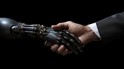 Naklejka premium artificial intelligence and human hands doing handshake, ai