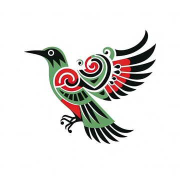 a bird with a red and green design on it's wings