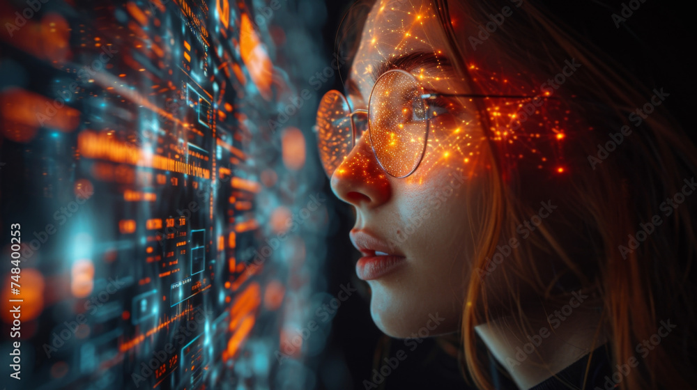 Poster a futuristic representation of customer spending habits features an interactive holographic screen d