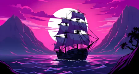 Deurstickers an animated image of a sailboat sailing on water in front of a mountain © Grace
