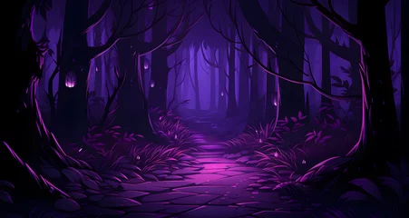 Plexiglas foto achterwand a dark purple forest with a pathway that leads to a glowing light © Grace
