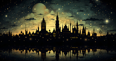 Fototapeta na wymiar a dark city is shown at night with the moon reflecting in the water