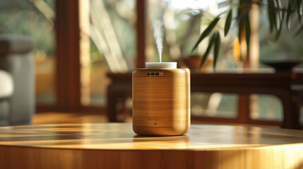 A unique oil diffuser made of bamboo featuring a builtin timer and a sleek cylindrical design.