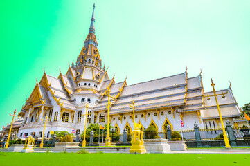 Beautiful Thai style church of Wat Sothon Wararam Worawihan in Chachoengsao Province