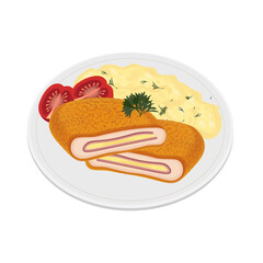Vector illustration logo Fried Chicken schnitzel cordon bleu with Mashed potato 
