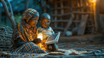 Create a raw and realistic photo of an African child reading a book with his young mother using a solar lamp in a modest African-style house, commercial picture - Powered by Adobe