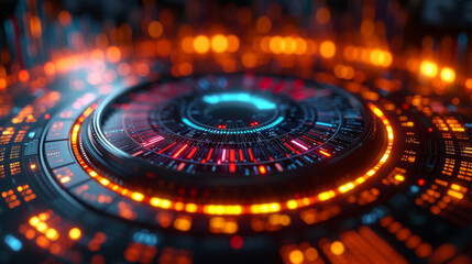 A futuristic pie chart with a holographic display showcasing the changing trends in foreign currency trading. The chart is divided into multiple layers with each layer depicting