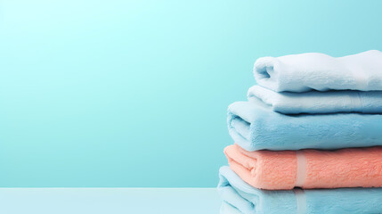 A stack of towels neatly stacked together - obrazy, fototapety, plakaty