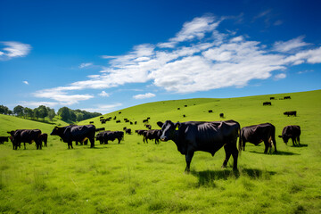 Serene Pastoral Setting: Aberdeen Angus Cattle Grazing in Lush Fields under Clear Blue Skies