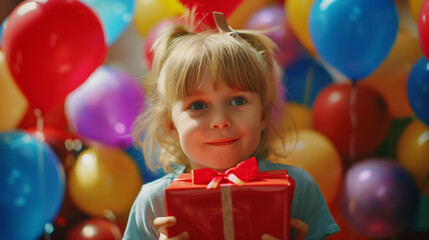 Fototapeta na wymiar smiling girl with birthday presents and balloon in background.