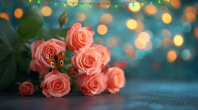 Bouquet of roses on with butterfly. Seamless looping time-lapse video animation background