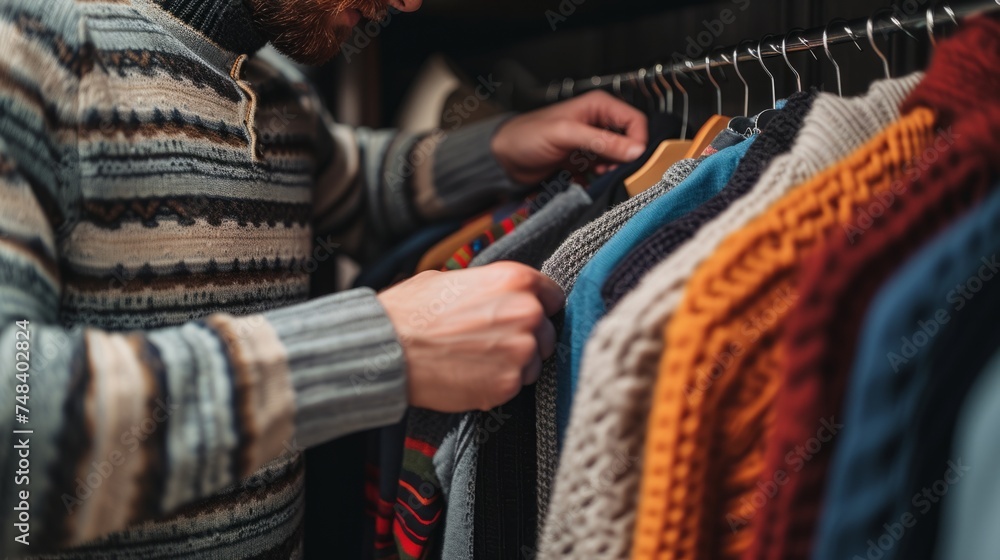 Wall mural man putting some sweaters in a closet generative ai