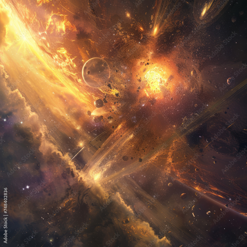 Poster galactic cataclysm, a cosmic phenomenon causing planets to collide and stars to explode, reshaping t