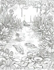 Fototapeta premium a drawing of a pond with lily pads and a bird
