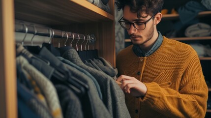 Naklejka premium man putting some sweaters in a closet generative ai