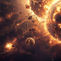 Celestial Cataclysm, A cosmic phenomenon causing planets to collide and stars to explode, reshaping the universe