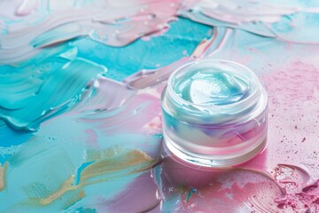 Facial repairing reenergize skin care cream. Skincare treatment products: wellness management lotion, skincare wax gel, oil, pipette with wellness improvement serum and hand microdermabrasion jar pot