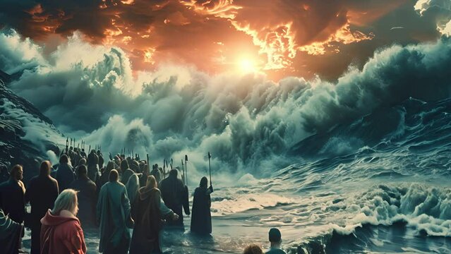 The red sea being parted by Moses for the Israelites