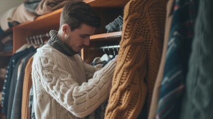 man putting some sweaters in a closet generative ai - obrazy, fototapety, plakaty