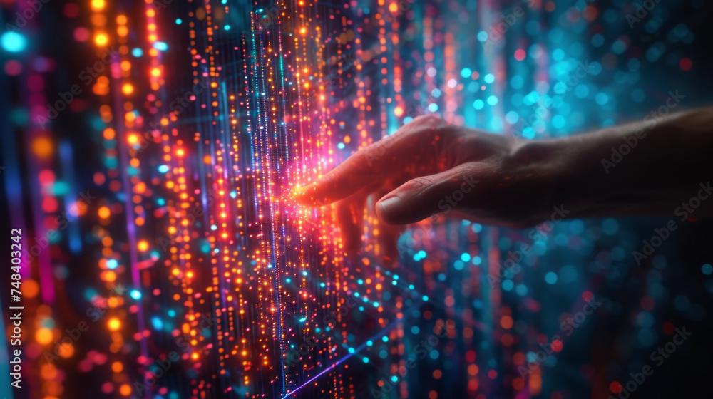 Poster a digital hand reaches out to touch a holographic graph display which highlights the most lucrative 