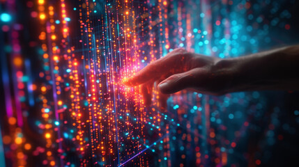 A digital hand reaches out to touch a holographic graph display which highlights the most lucrative real estate markets for investment. The graph changes in realtime showcasing