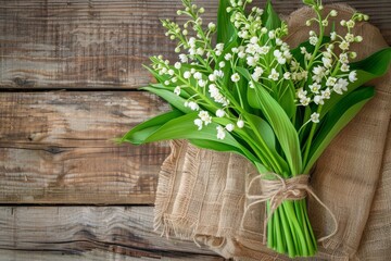 Bouquet of white lilies of the valley on rustic wooden background, representing natural beauty and simplicity. Concept of nature, beauty, and simplicity.
