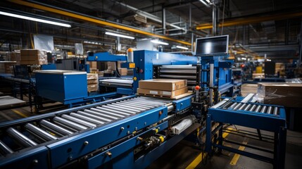 Cardboard boxes being processed on an automated packaging line in an industrial setting.
