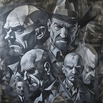 A Breaking Bad painting of men with guns and hats 
