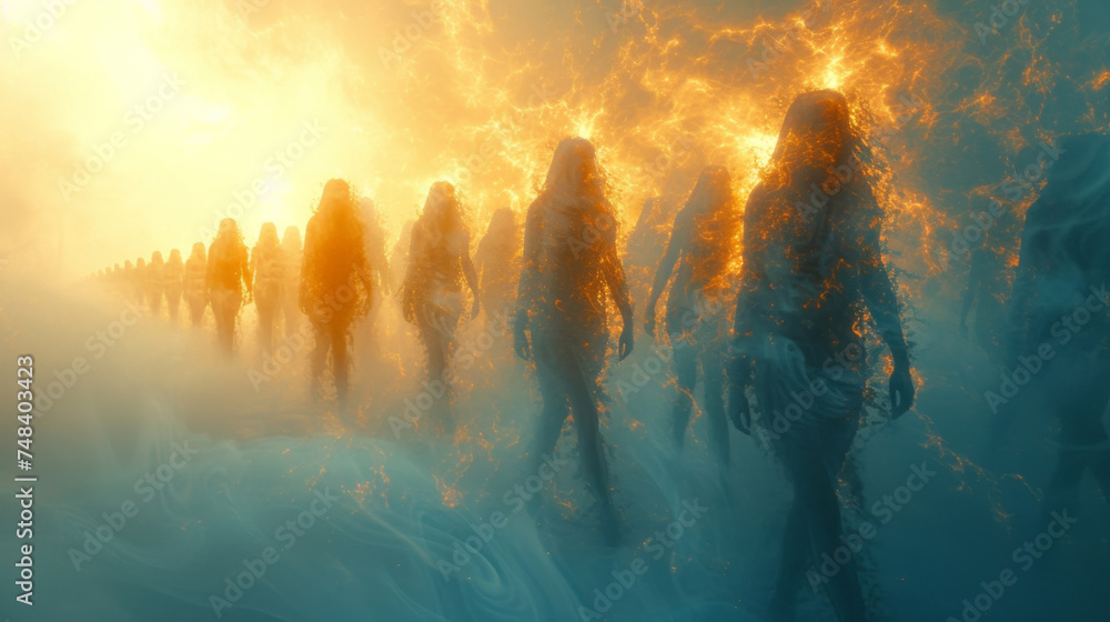 Poster an ethereal image of a corporate team each member made out of different elements symbolizing debt or