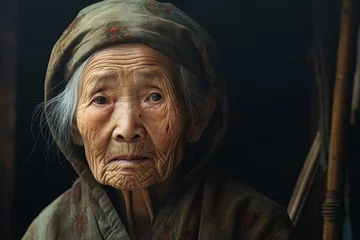 Tuinposter Elegant Old chinese woman sunset. Soft asian beauty. Generate Ai © juliars