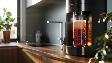 The modern design of the soda maker with its smooth edges and touchscreen display inviting users to create their own fizzy creations.