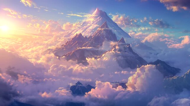 A mountain veiled in misty clouds, seamless looping time-lapse animation video background by AI.