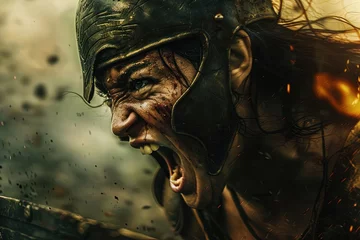 Fotobehang woman soldier spartan scream at war © Hungarian