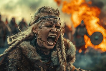 woman viking scream at war - obrazy, fototapety, plakaty