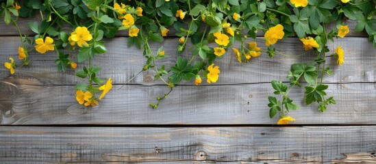 Bright yellow flowers bloom along a wooden fence, adding a pop of color to the rustic background. The flowers are in full bloom, showcasing their vibrant hue against the natural wood.