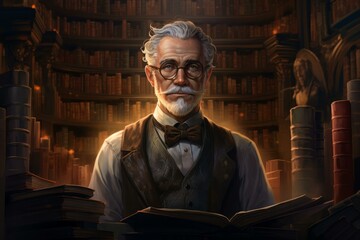 Knowledgeable Old intelligent elegant librarian male. Cute old man portrait literary. Generate Ai