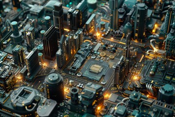 Digital city landscape with skyscrapers and roads on the green printed circuit board. Motherboard computer hardware background. Technology and innovation concept. Futuristic 3D render for tech