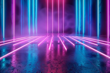Abstract background featuring cyan blue and purple neon glow lines on a perspective floor Evoking a sense of creativity Digital innovation And futuristic design - obrazy, fototapety, plakaty