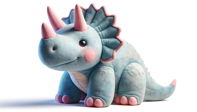 Soft blue and pink triceratops plush toy with a friendly face and textured skin, isolated on a white background.