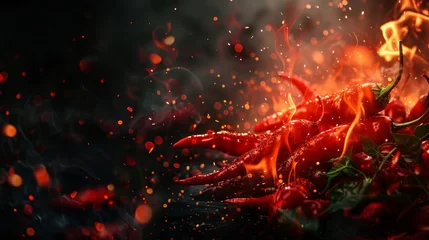 Rucksack Red hot chili pepper on black background with flame © Nataliya