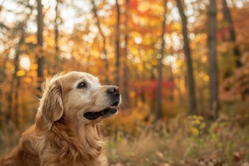Autumn-themed portrait of a golden retriever in a lush forest setting Capturing the spirit of fall and the joy of pets in nature