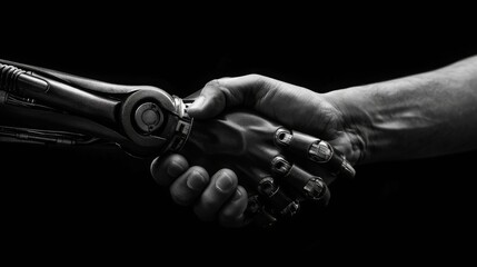 AI Integration: Close-Up Handshake Between Human and Robot. Symbolic Fusion of Technology and Humanity. Perfect for Tech Forums, AI Conferences, and Innovation Presentations