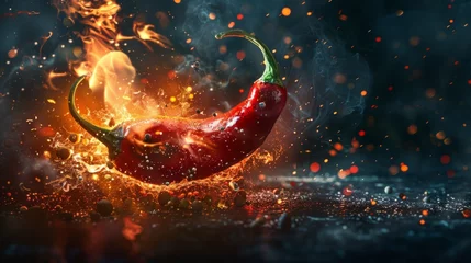Rolgordijnen Red hot chili pepper on black background with flame © Nataliya