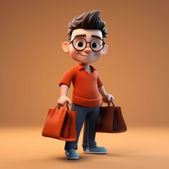 Cheerful Cartoon Man with Shopping Bags on Warm Background