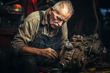 Knowledgeable Elderly man mechanic repairing equipment. Senior male working in automotive garage service. Generate ai